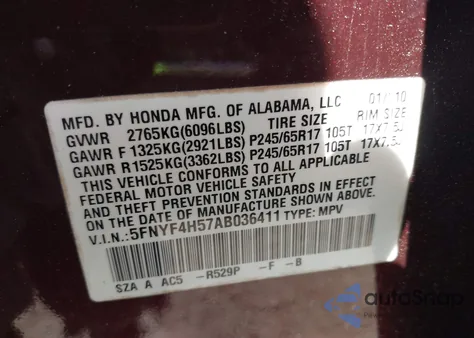 2010 Honda Pilot Ex-L from USA, damaged, VIN 5FNYF4H57AB036411